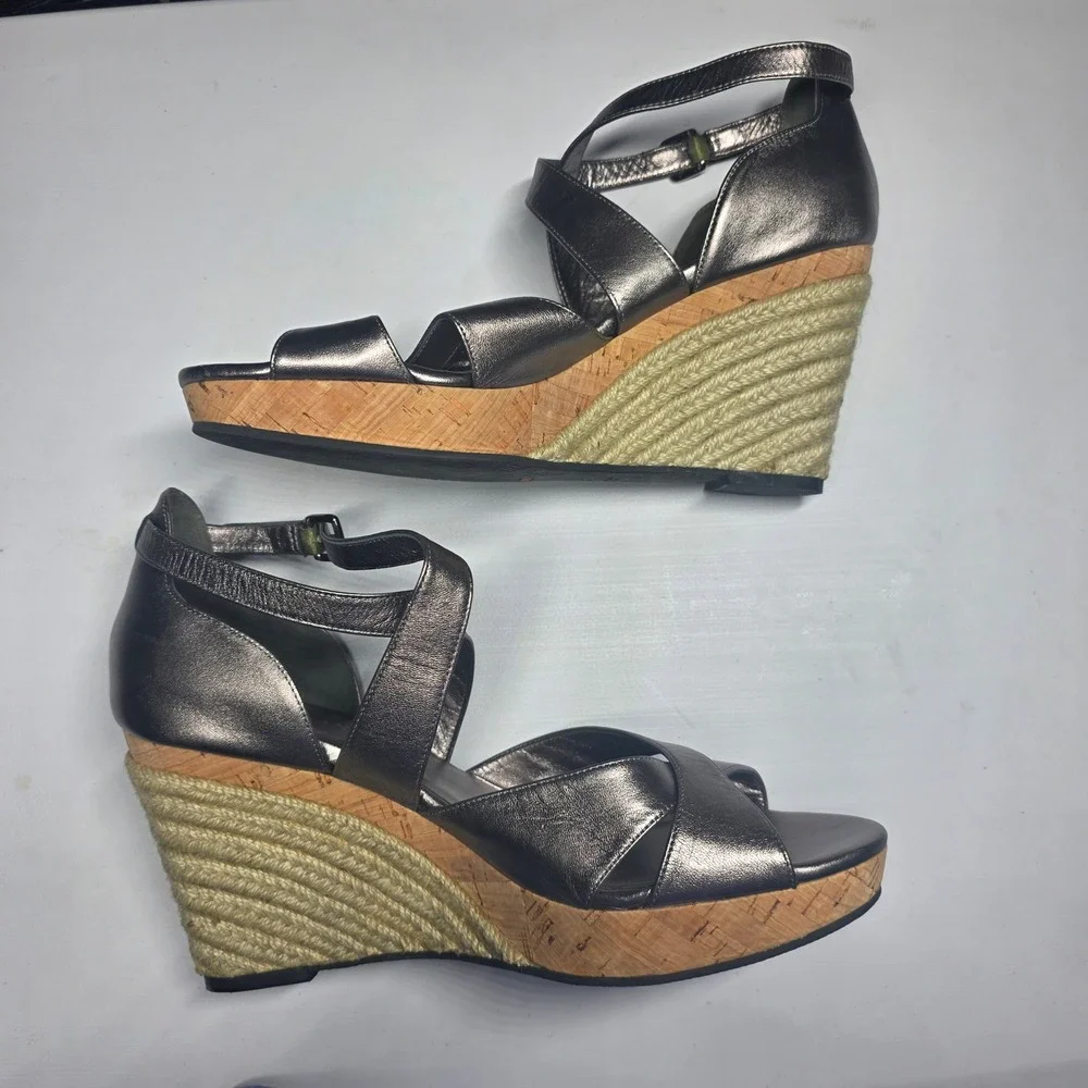 Cole Haan Nike Air Metallic Pewter Espadrille Wedge Sandals Shoes‎ Womens 10B